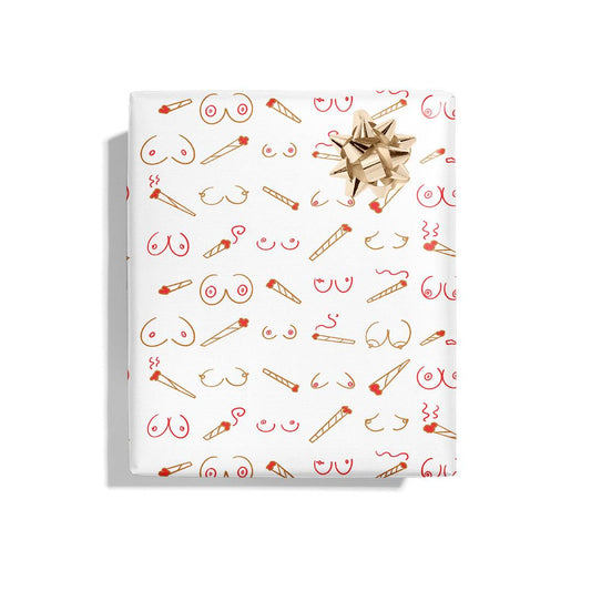 Fun and naughty 'Doobies and Boobies' wrapping paper, perfect for unique and memorable gift presentations. 3 sheets per roll at 20" x 29" and have a fun print of joints and boobs!