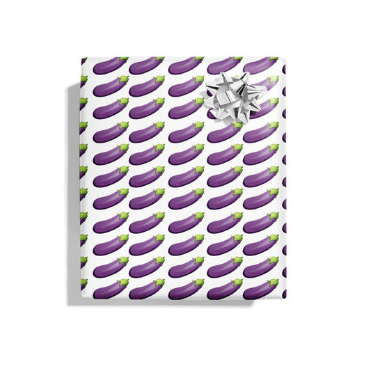 KushKards Eggplant Emoji wrapping paper comes in 3 sheets per roll and is 22" x 29" per sheet and has eggplant emojis and a white background