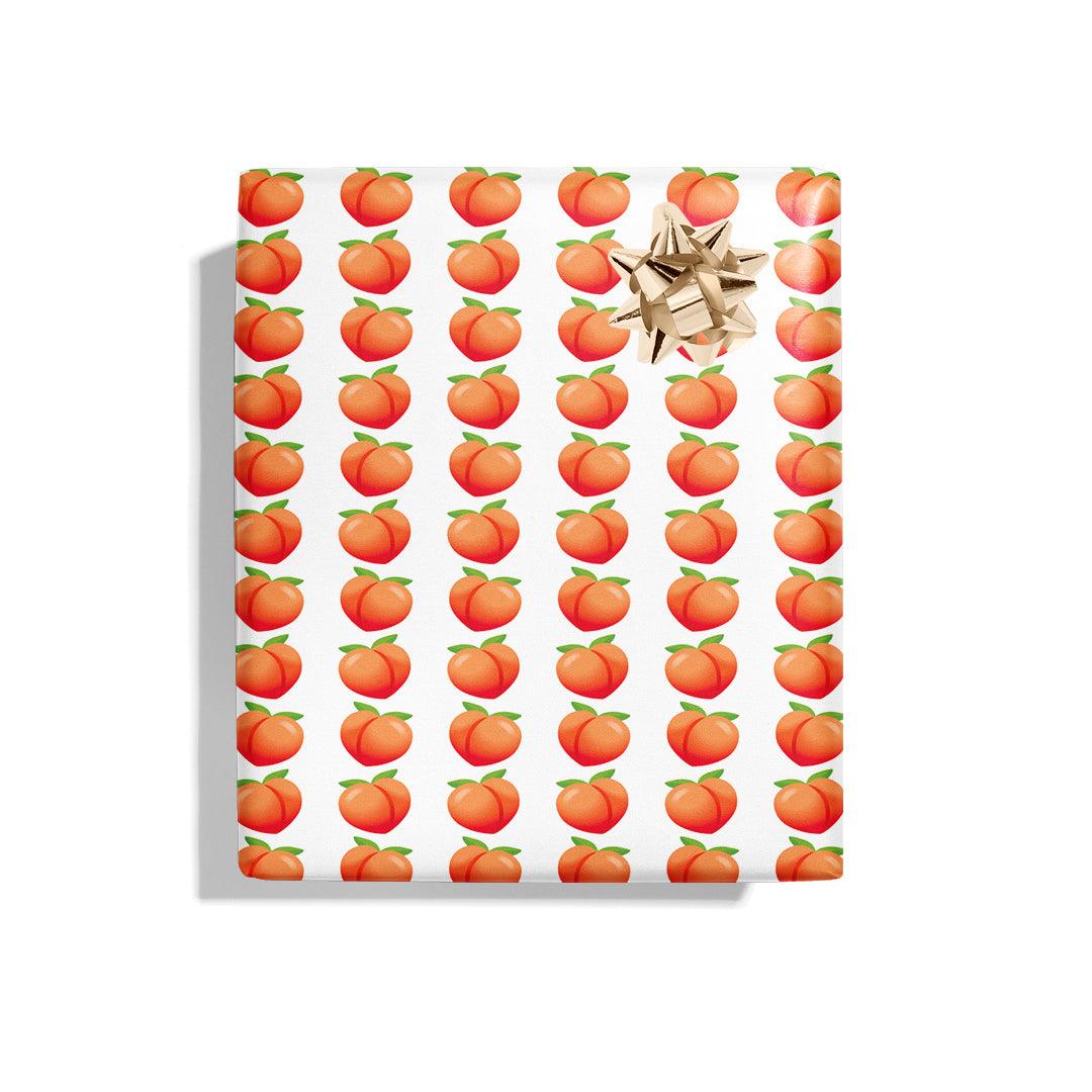 Peach Emoji wrapping paper comes in 3 sheets per roll and is 22" x 29" per sheet and has peach emojis and a white background
