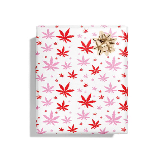 Red and Pink Pot Leaf Wrapping Paper - KushKards 3 sheets per roll at 22" x 29" wide - white background and have pink and red pot leaf print