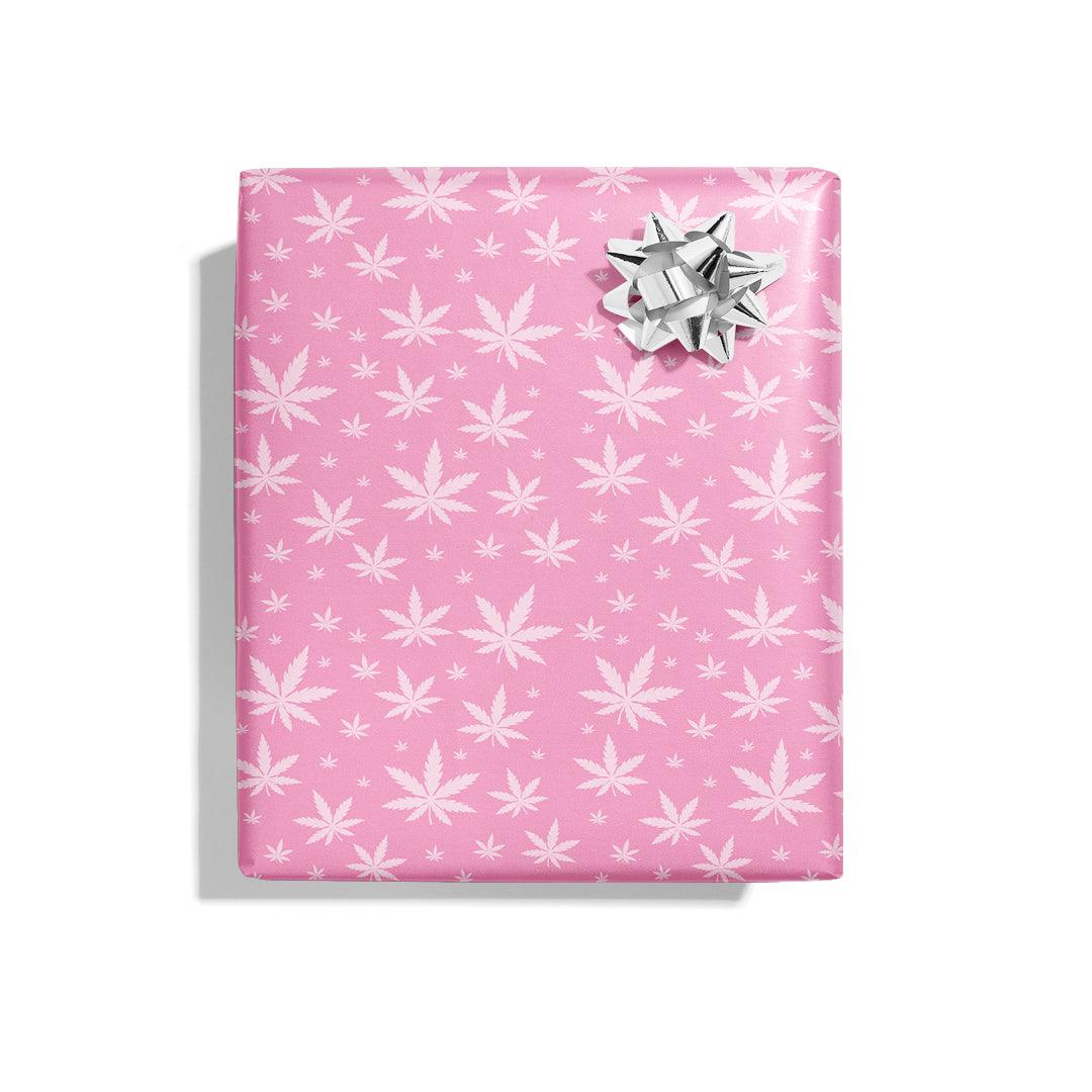 🍃 420 Pink Pot Leaf Wrapping Paper - KushKards 3 sheets per roll at 22&quot; x 29&quot; wide - pink background and lighter pink pot leaf print 