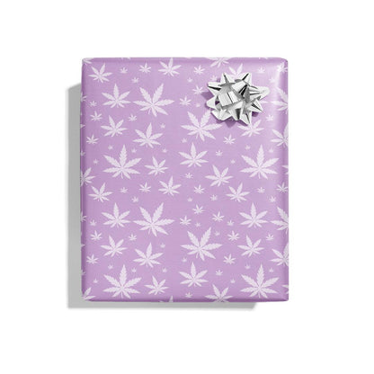 🍃 420 Purple Pot Leaf Wrapping Paper - KushKards 3 sheets per roll at 22&quot; x 29&quot; wide - purple background and lighter purple pot leaf print 