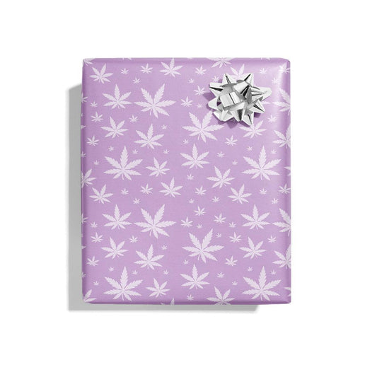 🍃 420 Purple Pot Leaf Wrapping Paper - KushKards 3 sheets per roll at 22" x 29" wide - purple background and lighter purple pot leaf print 