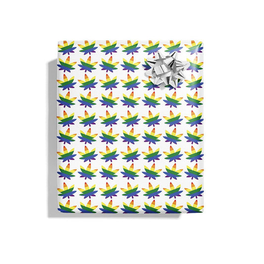 Pride Pot Leaf Wrapping Paper - KushKards 22" x 29" wide and has 3 sheets per roll with rainbow pride pot leaf print