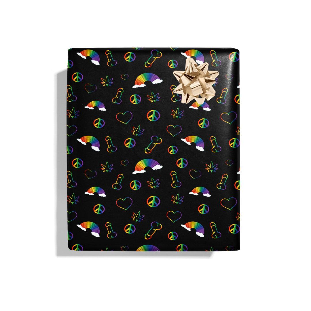 KushKards Rainbow Penis Naughty wrapping paper comes in 3 sheets per roll and is 22&quot; x 29&quot; per sheet and has black background with rainbow icons