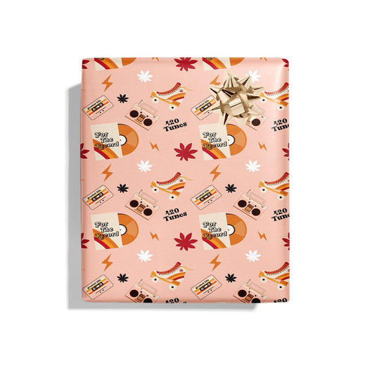 📼 For The Record Pot Leaf Wrapping Paper - KushKards 3 sheets per roll and measures 22" x 29" with a retro roller-skate print