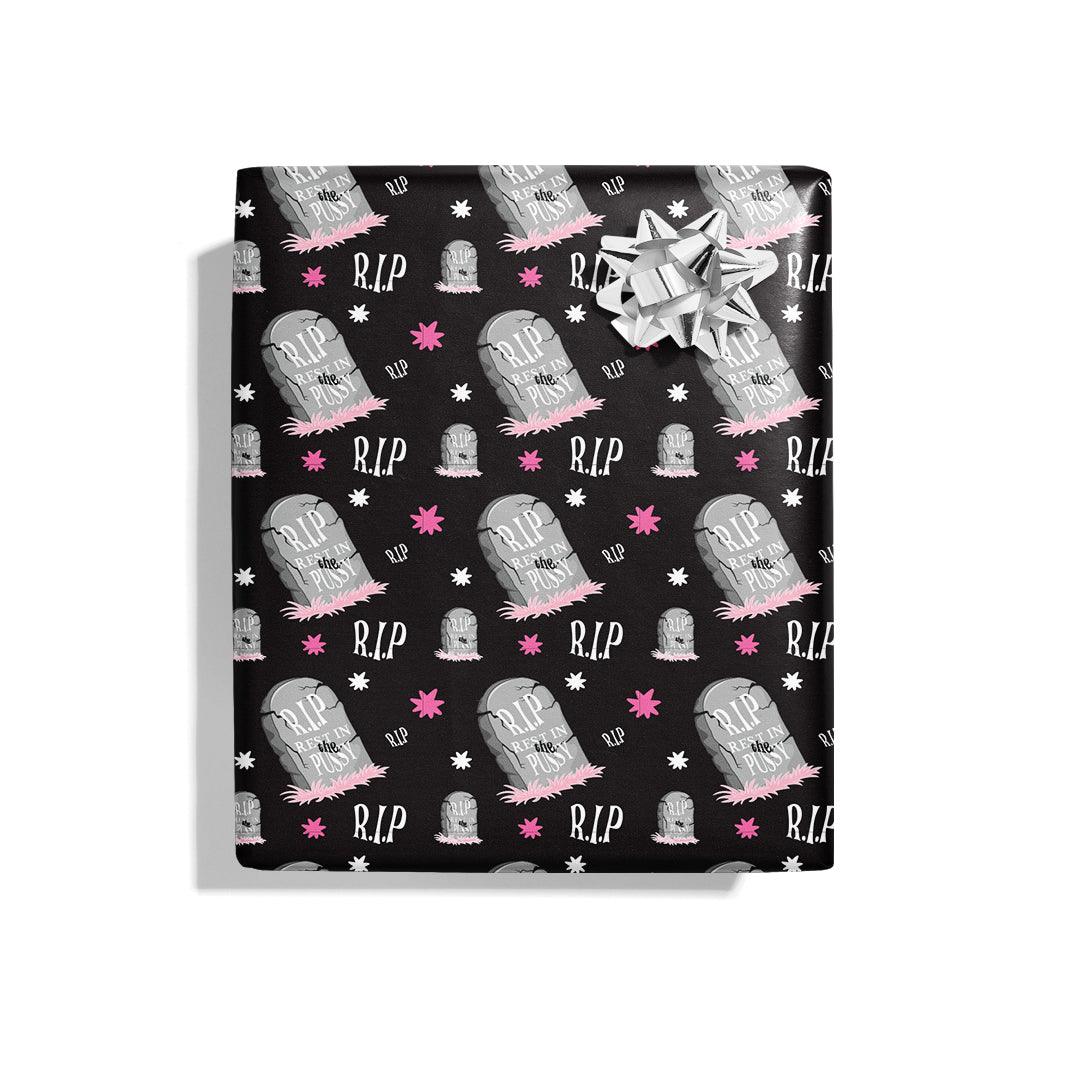 RIP halloween Wrapping Paper - KushKards 22&quot; x 29&quot; wide and has 3 sheets per roll with Rest In Pussy Grave Print