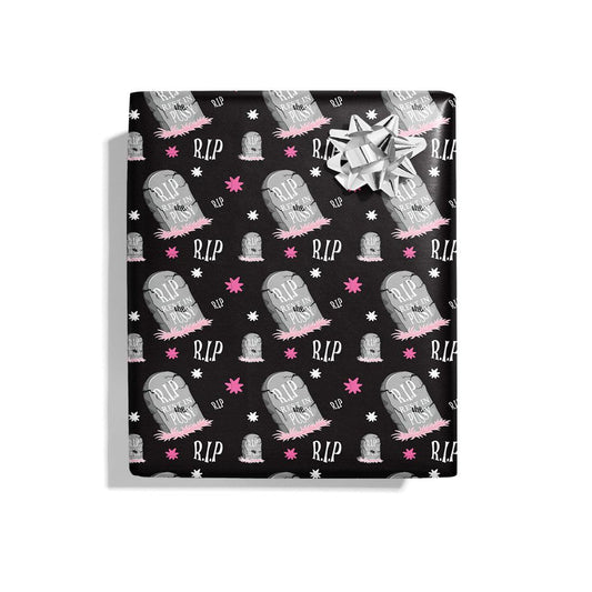 RIP halloween Wrapping Paper - KushKards 22" x 29" wide and has 3 sheets per roll with Rest In Pussy Grave Print