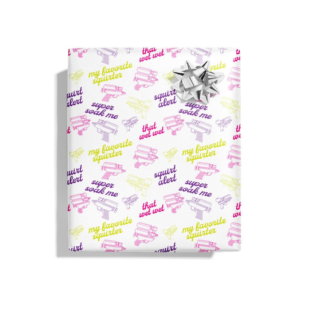 🔫 Squirt Alert Naughty Wrapping Paper - KushKards 22" x 29" wide and has 3 sheets per roll with squirt gun print