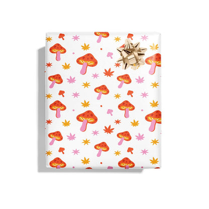 🍄 Trippin Over You Mushroom Wrapping Paper - KushKards 22&quot; x 29&quot; wide with a mushroom and pot leaf print and the colors are orange pink and yellow