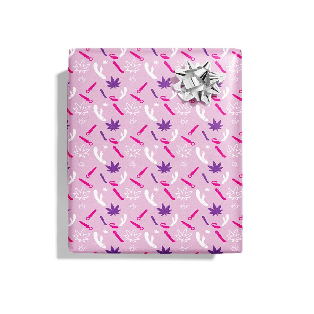 Vibes Naughty Wrapping Paper - KushKards 22&quot; x 29&quot; wide and has 3 sheets per roll with vibrator and pot leaf icon print