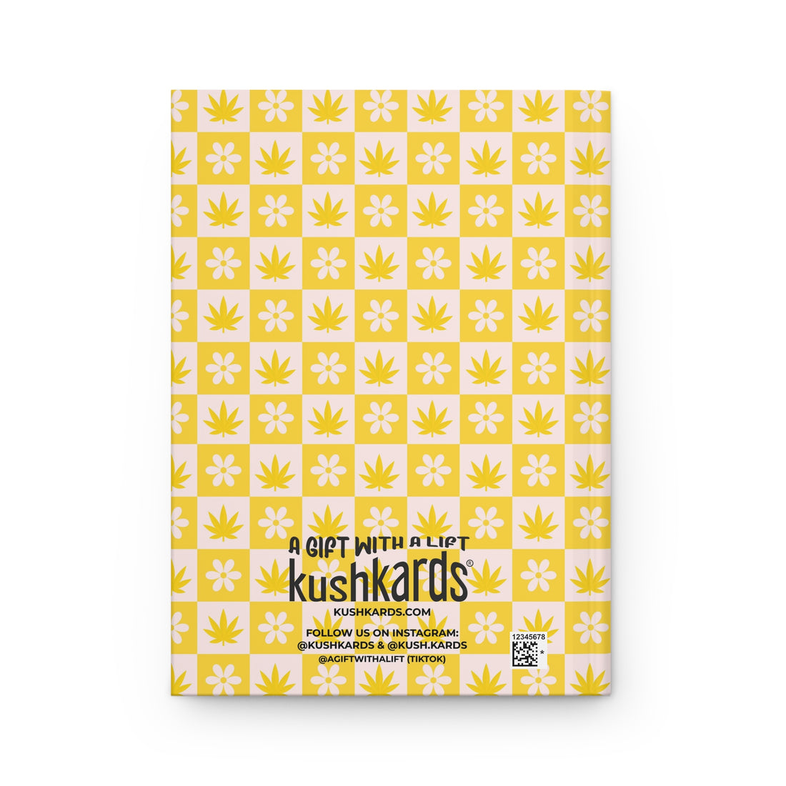 Retro checkerboard notebook with an alternating pattern of white daisies and yellow marijuana leaves on a white background - Back