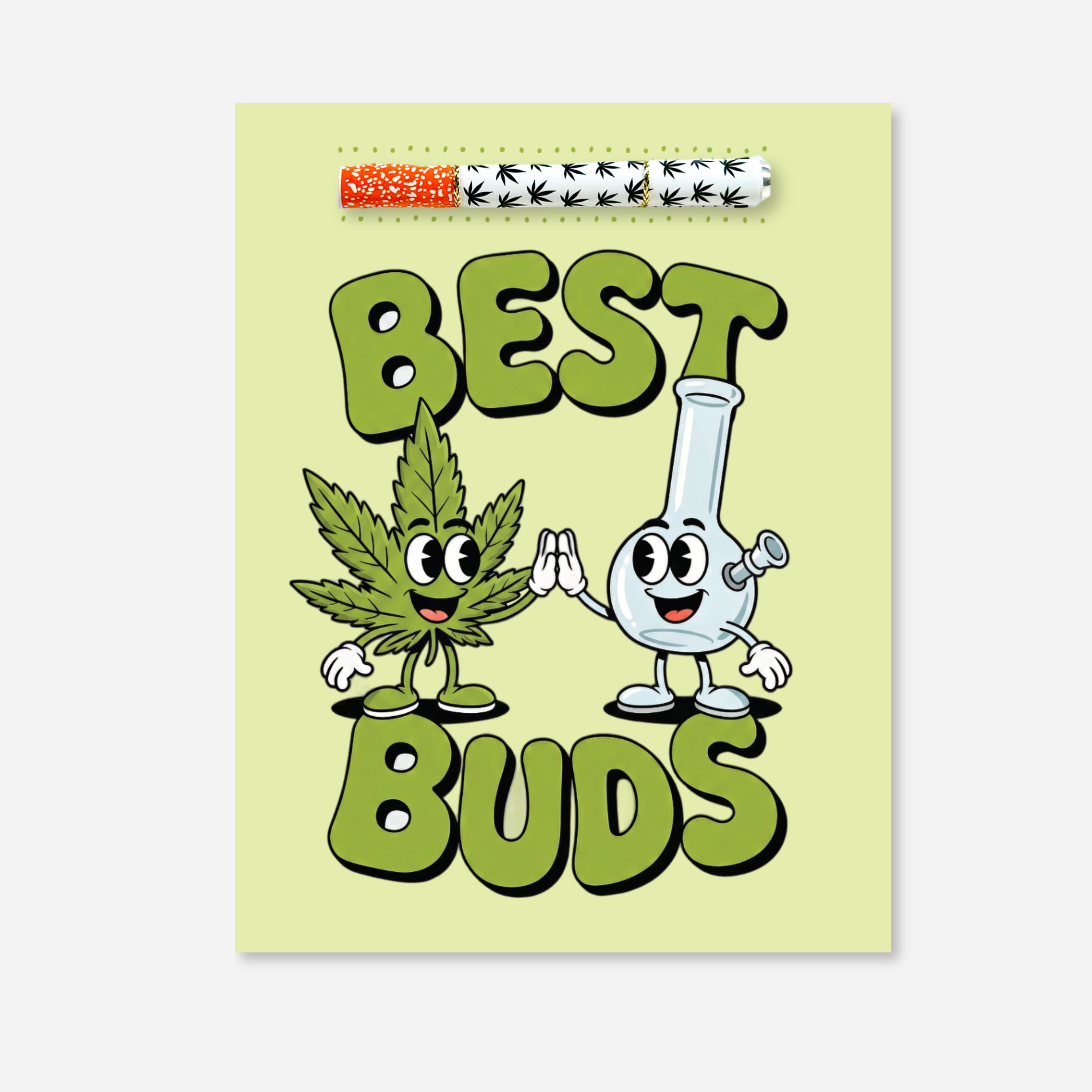 Funny best buds cannabis greeting card with cartoon weed leaf and bong characters, includes one hitter pipe, friendship stoner gift
