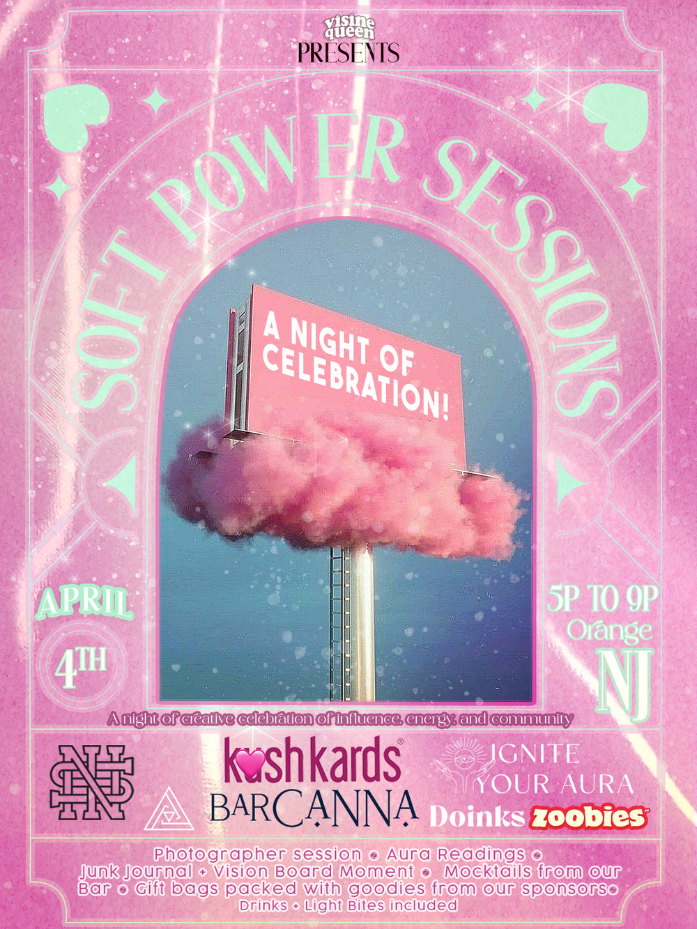 Promotional poster for 'Soft Power Sessions' event with pink smoke and arch design.