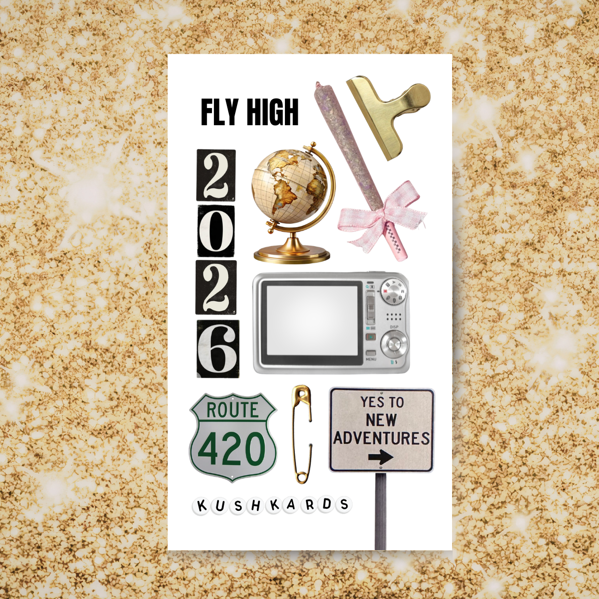 Fly High 2026 sticker sheet featuring Route 420 sign, globe, pre roll with pink bow, camera, and new adventures road sign on white background with gold backdrop