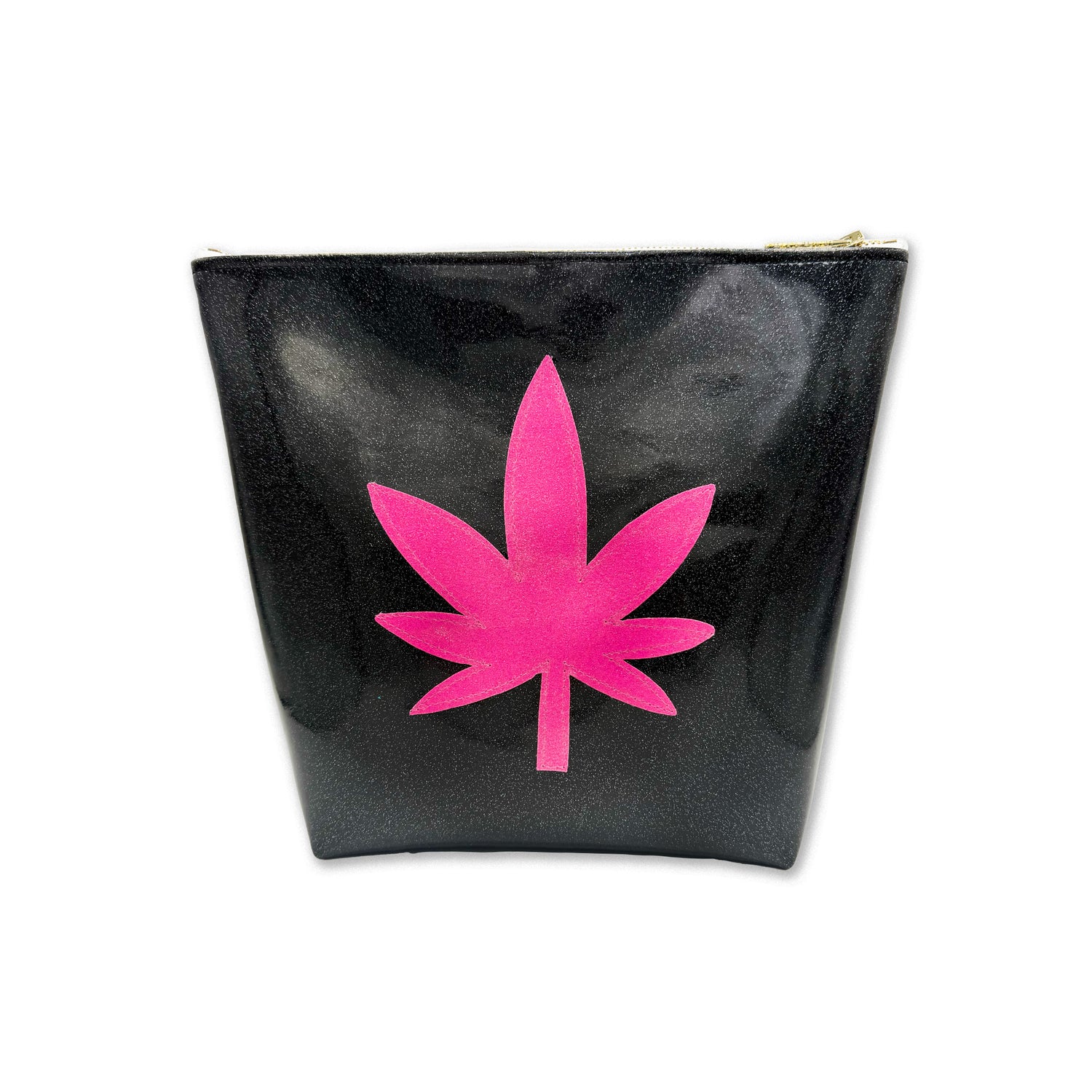Black travel bag with a pink cannabis leaf design on a white background