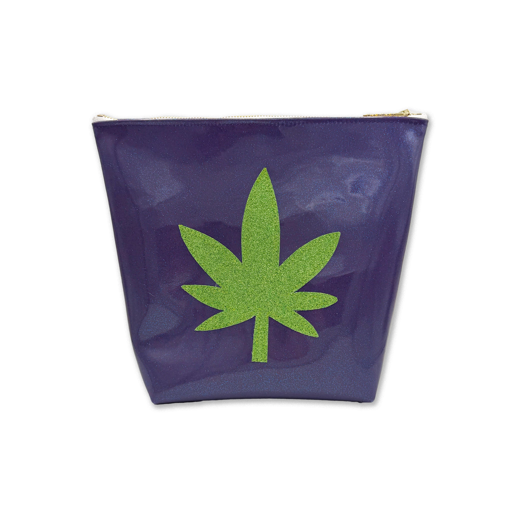Purple travel bag with a green cannabis leaf design on a white background