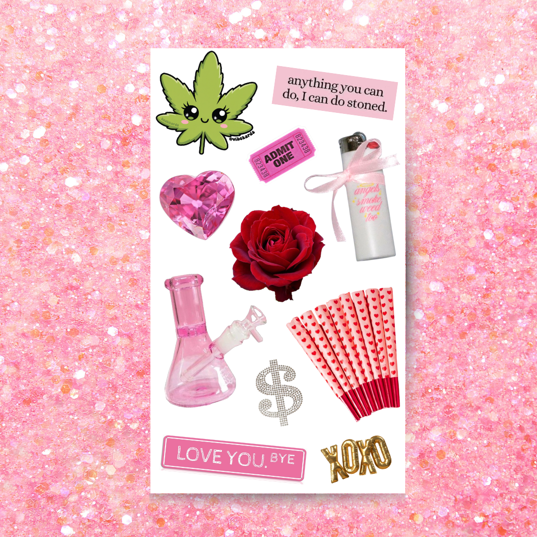 4x7 Valentine themed stoner sticker sheet with pink hearts, cannabis leaf character, rose, bong, love phrases, and junk journal stickers by KushKards