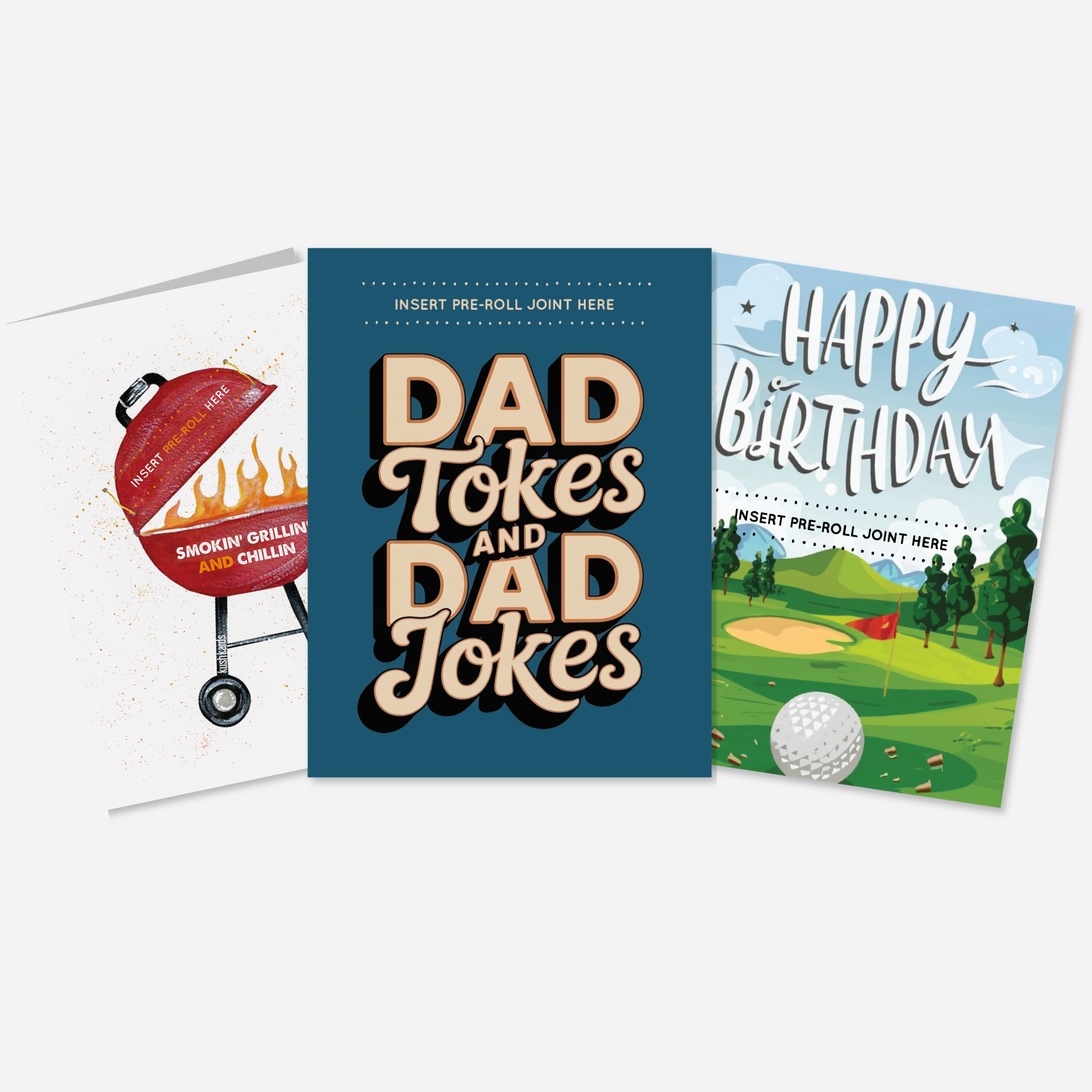 Three humorous STONED THEMED greeting cards WITH A SLOT TO ADD A PRE ROLL on a white background