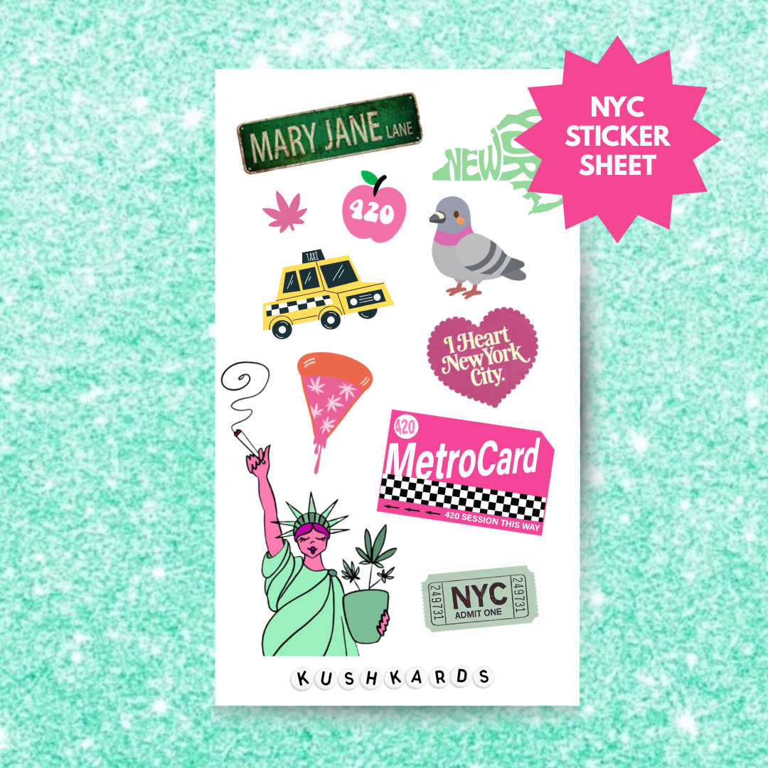 NYC-themed sticker sheet with illustrations on a turquoise background