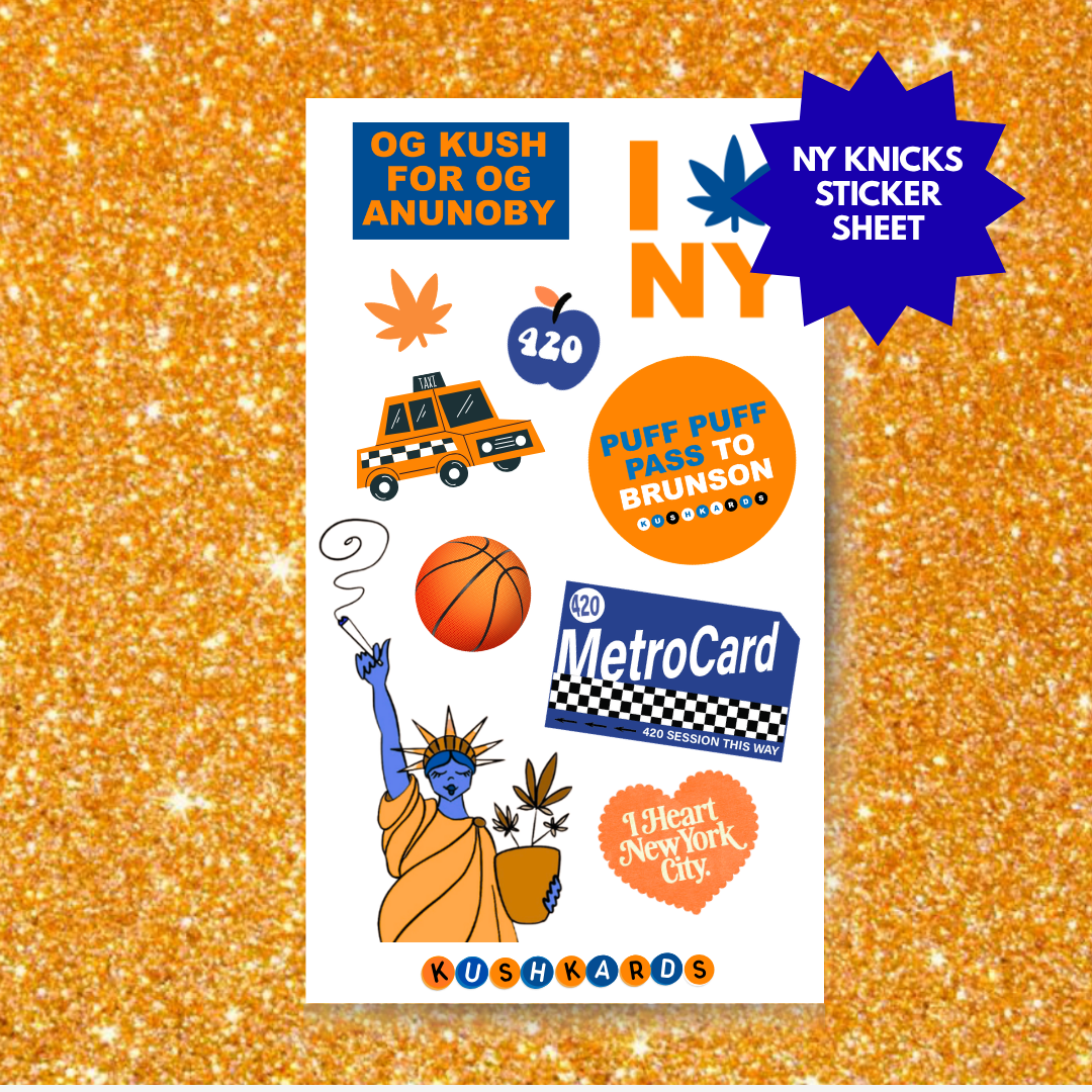 NY Knicks Sticker sheet with various graphics and text on a glittery orange background