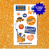 NY Knicks Sticker sheet with various graphics and text on a glittery orange background