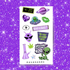 Sticker sheet with cannabis-themed designs on a purple background
