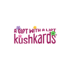Logo of Kushkards with decorative flowers on a pink background