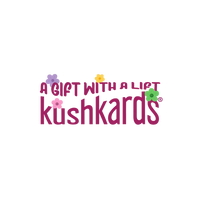 Logo of Kushkards with decorative flowers on a pink background