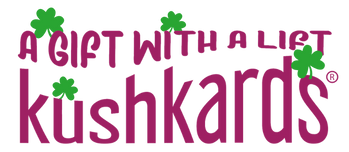 Logo of Kushkards with text 'A Gift with a Lift' on a white background wth green clovers 