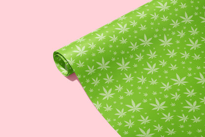 🍃 420 Green Pot Leaf Wrapping Paper - KushKards 3 sheets per roll at 22" x 29" wide - green background and lighter green pot leaf print 