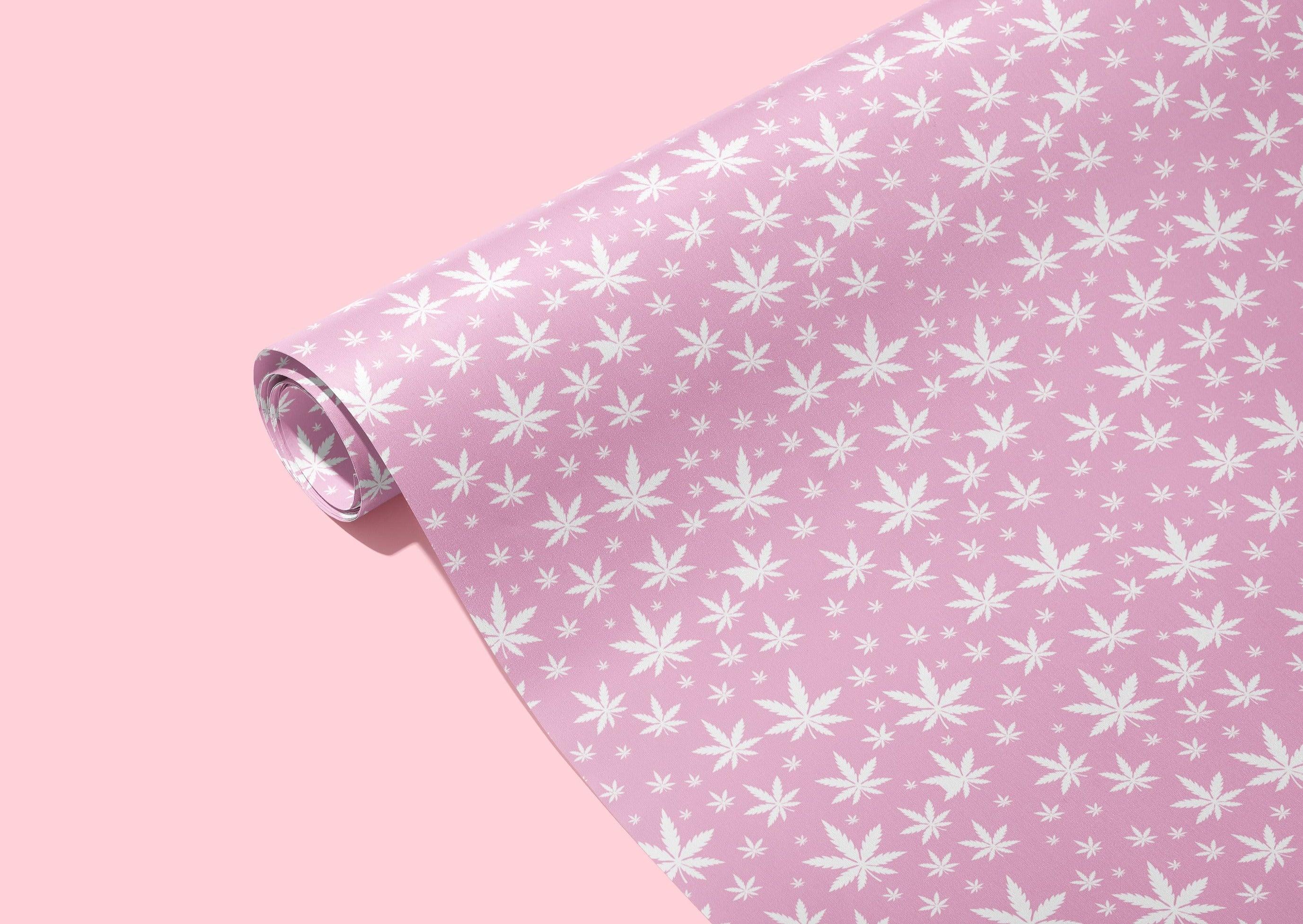 🍃 420 Pink Pot Leaf Wrapping Paper - KushKards 3 sheets per roll at 22&quot; x 29&quot; wide - pink background and lighter pink pot leaf print 