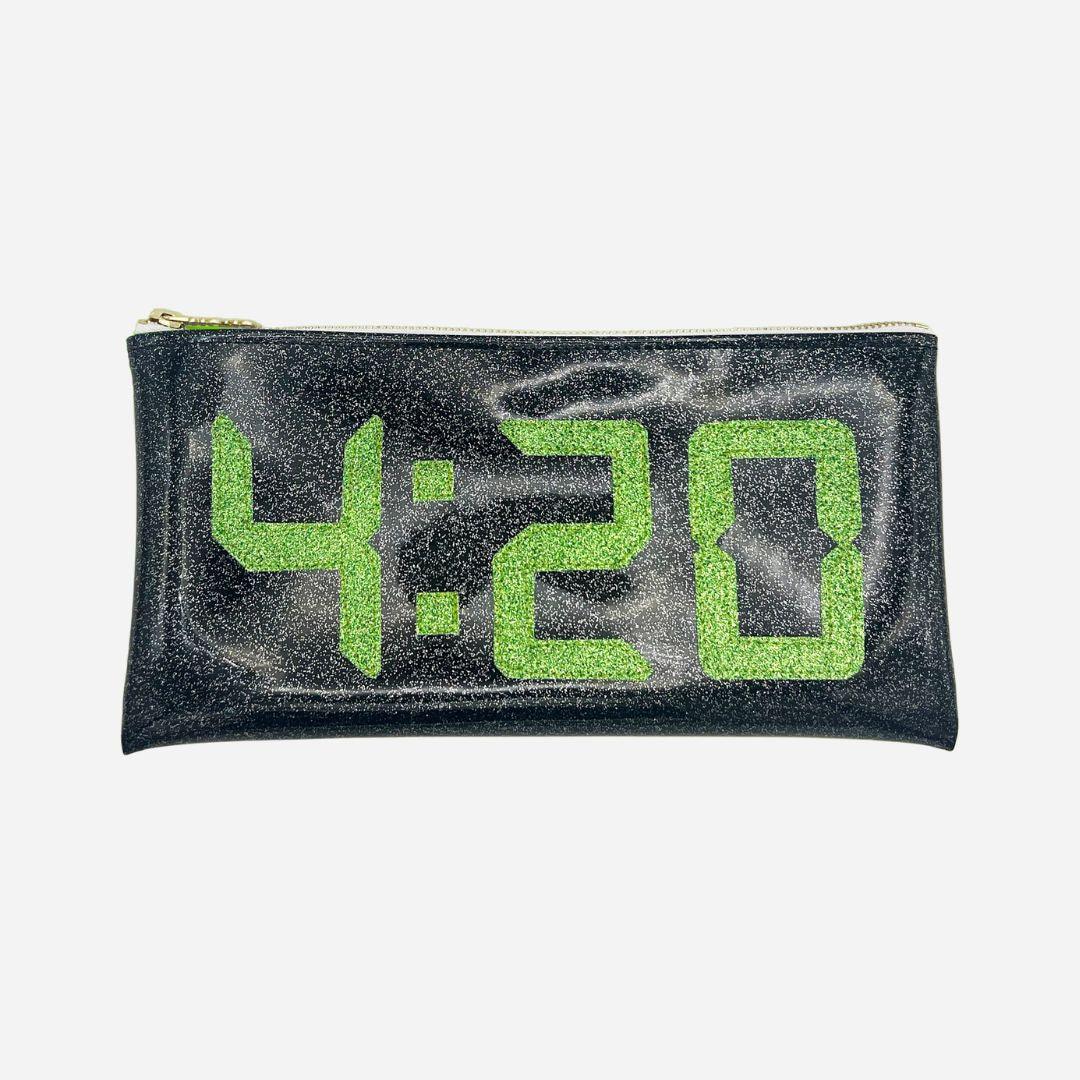 Shimmering 4:20 clock design on a black glitter clutch with a green glitter digital clock appliqué.