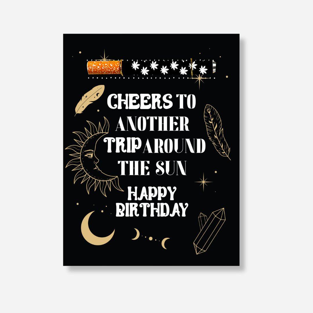 Cheers to another trip around the sun Happy Birthday&quot; Celestial-themed greeting card on recycled paper with sun, moon, and crystal illustrations