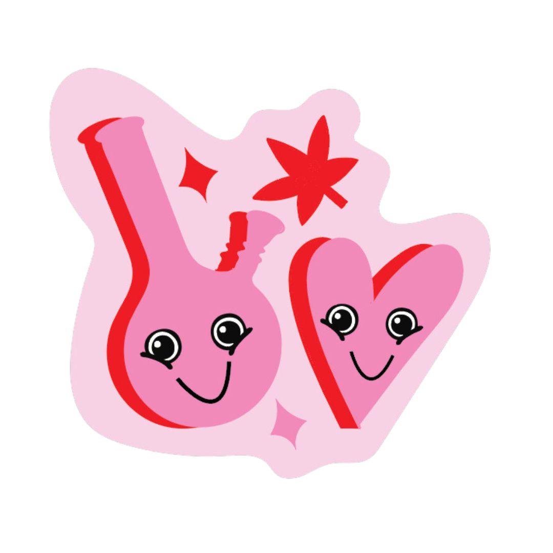 A vibrant sticker with a pink background and bold red text that says 'STONER BESTIE,' perfect for showing off a close friendship with a touch of playful camaraderie.