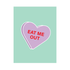 A charming sage-colored greeting card featuring a purple candy heart with the phrase &