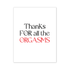 A bold and intimate thank-you card with a simple white background and black text that reads &