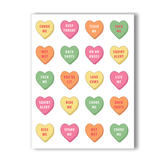 A playful 'Sexy Sweeties Naughty Greeting Card' featuring an assortment of colorful heart candies with cheeky, suggestive phrases, offering a fun and flirtatious twist on the classic Valentine's candy heart tradition.