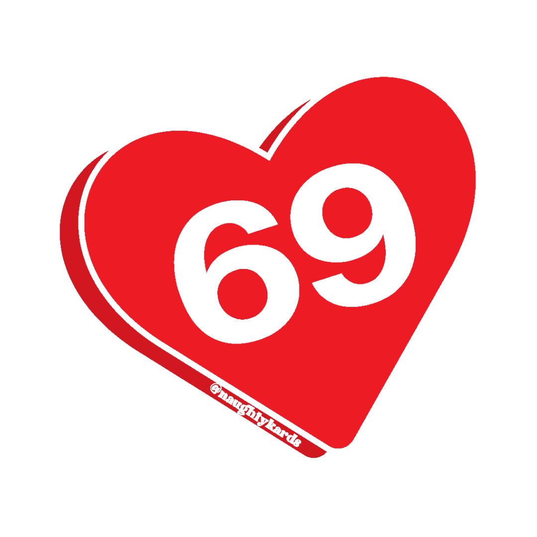 Red heart-shaped sticker with prominent white '69' numerals, symbolizing intimate romance with a humorous twist."