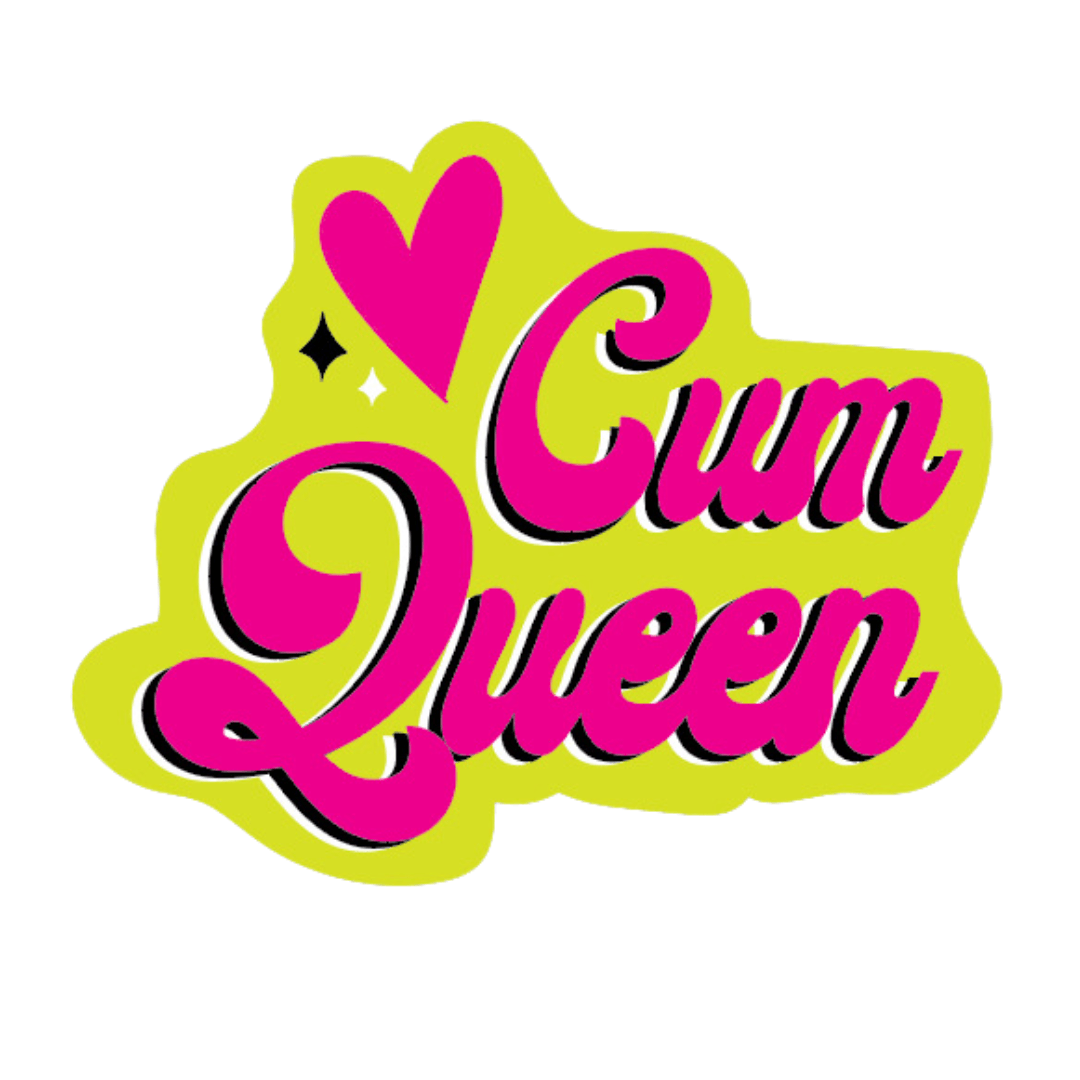 Bright and bold 'Cum Queen' sticker in hot pink and lime green, 3x3 inches with a matte finish, ideal for personal expression on any surface.