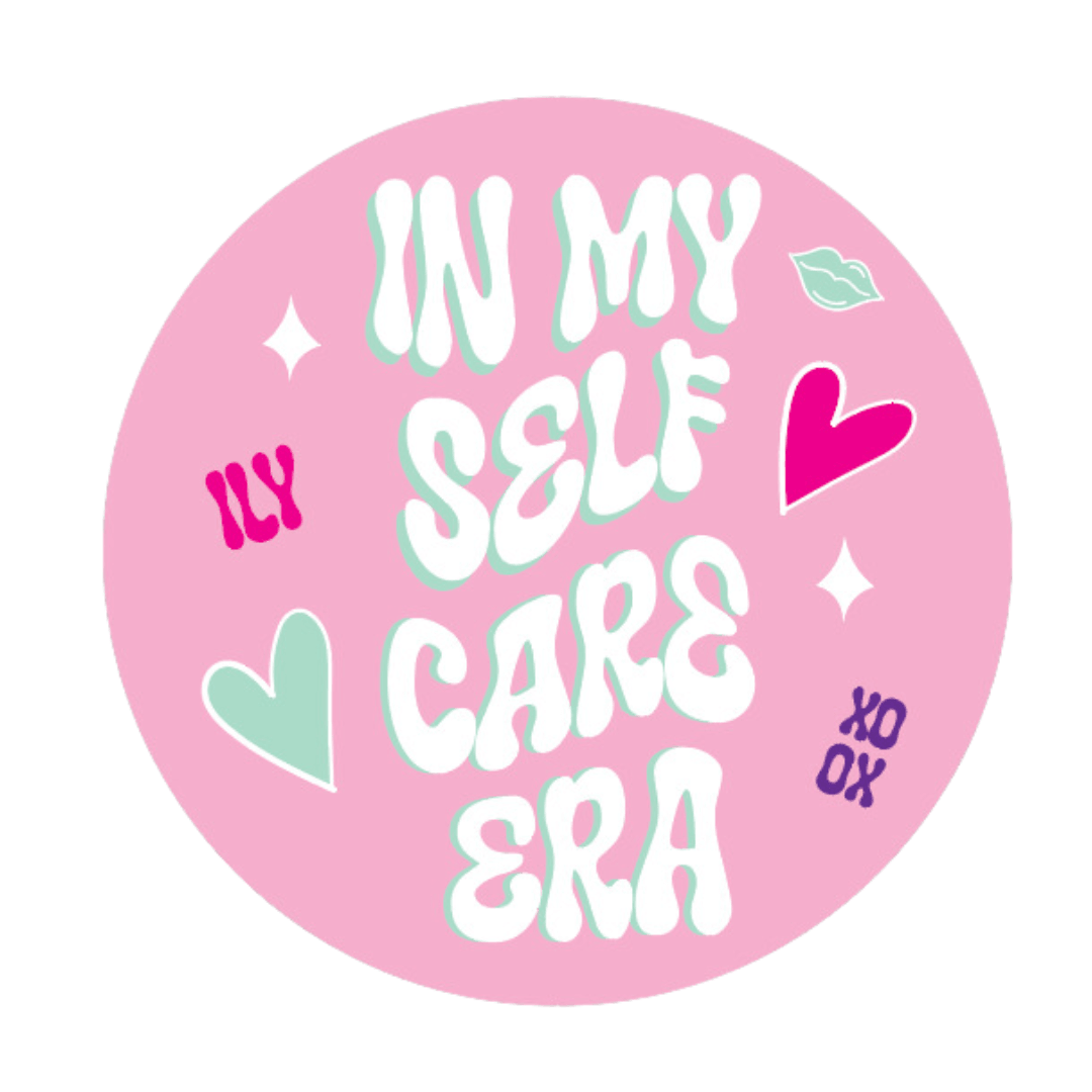 Cheerful 'In My Self Care Era' sticker in pastel pink and mint green, promoting positivity and wellness, perfect for personal or gift items.