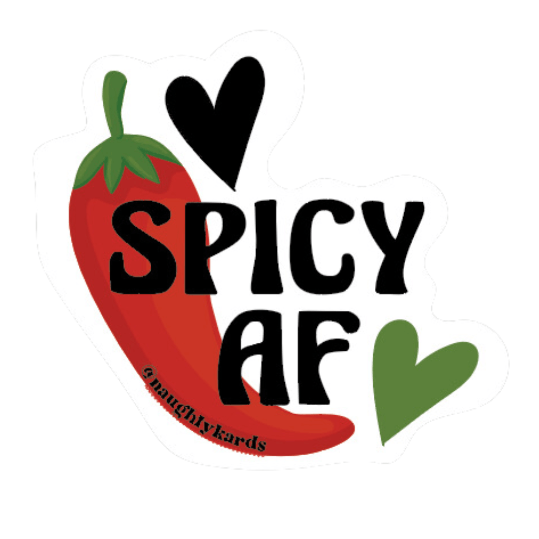 Whimsical 'Spicy AF' sticker featuring a bright red chili pepper with playful hearts, ideal for kitchenware and novelty gifts.