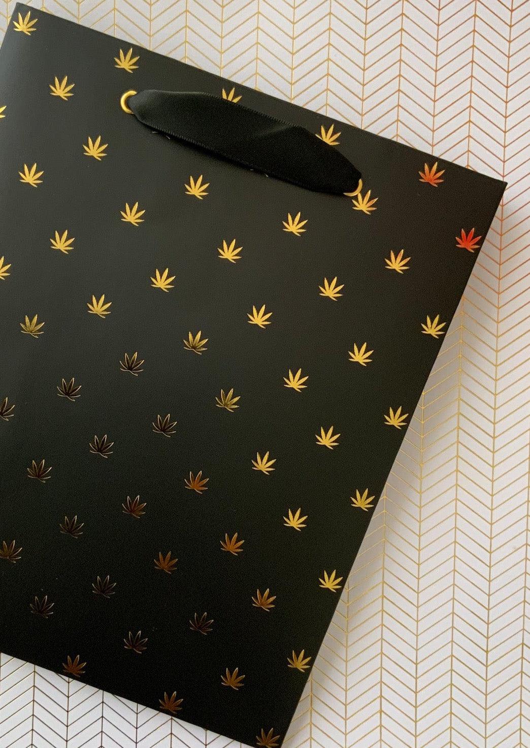 Black &amp; Gold Pot Leaf Print Gift Bag &amp; Tissue Gift Wrap - KushKards