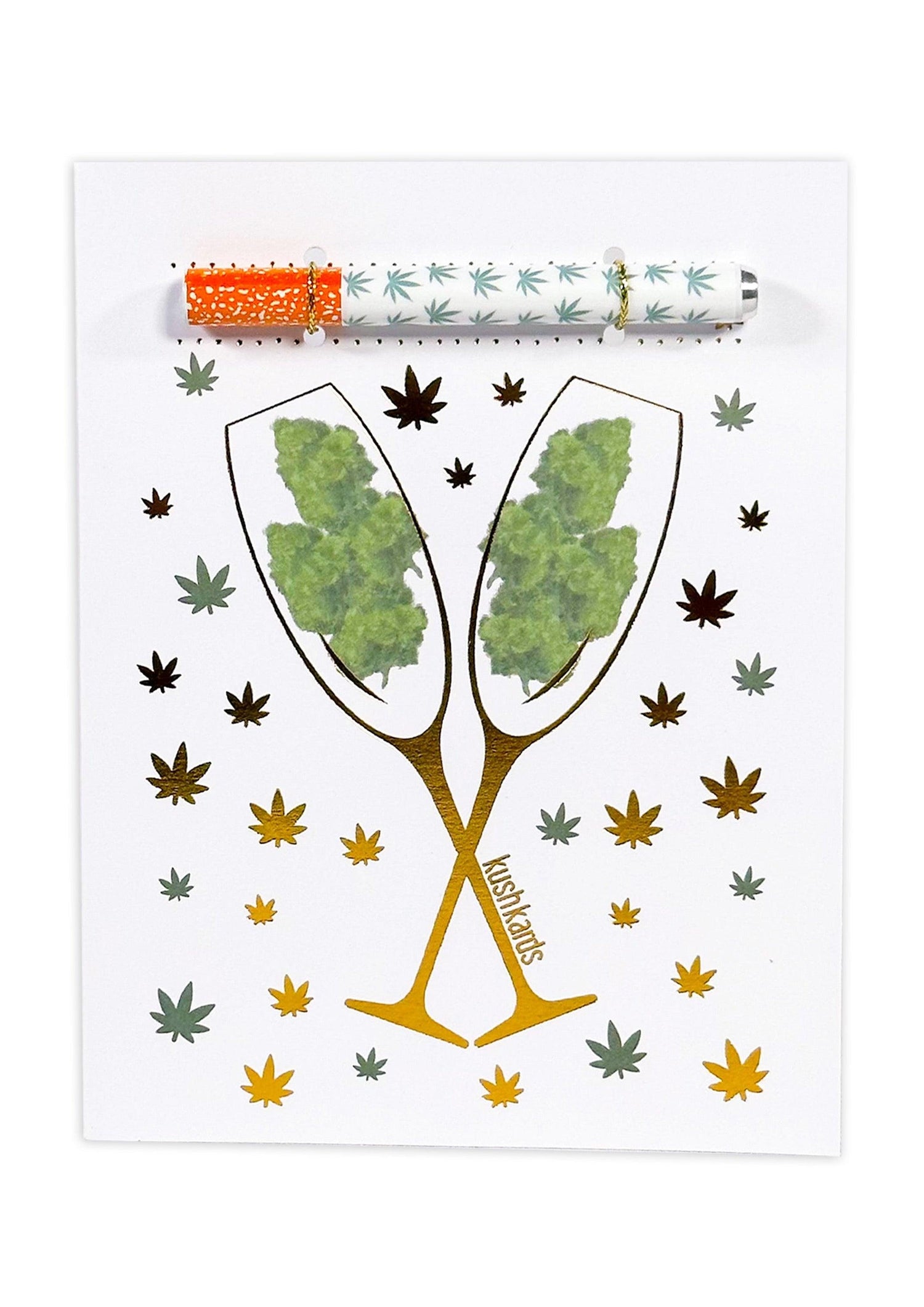 🥂 Congrats Champagne Buds Card - KushKards with 2 champagne glassed filled with nugs on a white background with gold and green pot leafs and a matching one hitter pipe