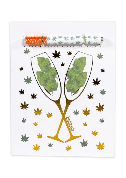 🥂 Congrats Champagne Buds Card - KushKards with 2 champagne glassed filled with nugs on a white background with gold and green pot leafs and a matching one hitter pipe