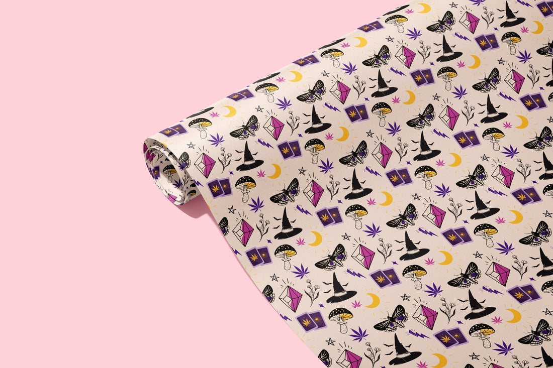 Crystal Ball Wrapping Paper with 3 sheets per roll at 22&quot; x 29&quot; wide with a witch hat print 