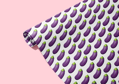 KushKards Eggplant Emoji wrapping paper comes in 3 sheets per roll and is 22" x 29" per sheet and has eggplant emojis and a white background