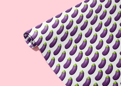 KushKards Eggplant Emoji wrapping paper comes in 3 sheets per roll and is 22&quot; x 29&quot; per sheet and has eggplant emojis and a white background