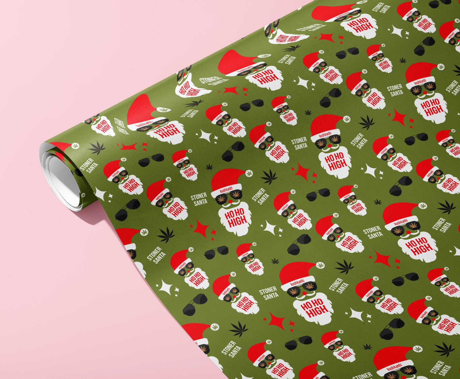 KushKards Ho Ho High wrapping paper comes in 3 sheets per roll and is 22&quot; x 29&quot; per sheet and has Santa clause print with dark green background