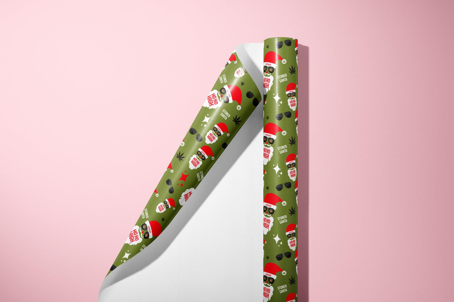 KushKards Ho Ho High wrapping paper comes in 3 sheets per roll and is 22&quot; x 29&quot; per sheet and has Santa clause print with dark green background